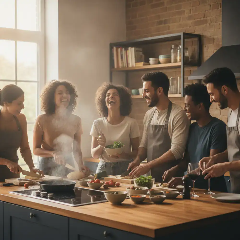 A diverse group of friends cooking and laughing together around a kitchen island
