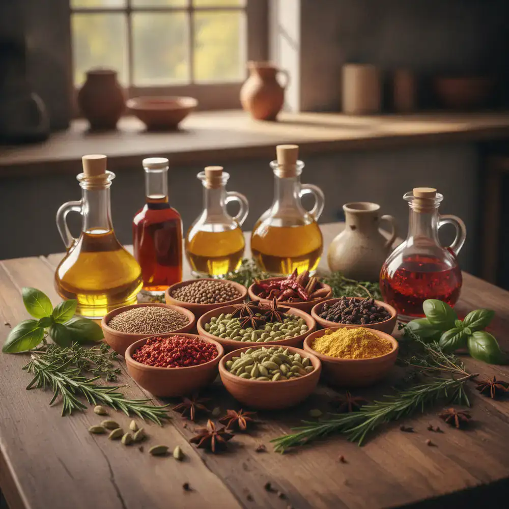 Colorful array of whole spices, fresh herbs, and cooking oils