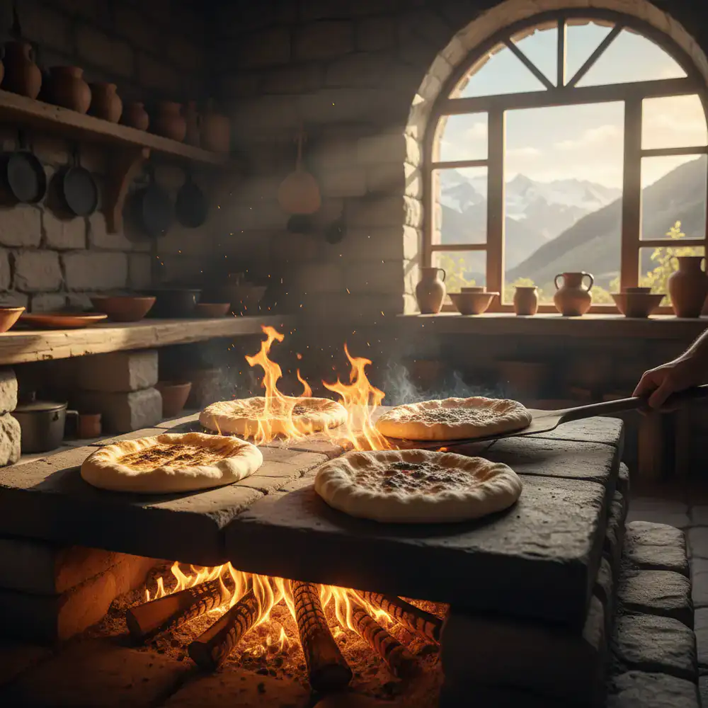 Rustic flatbreads baked over an open flame in a mountainous kitchen