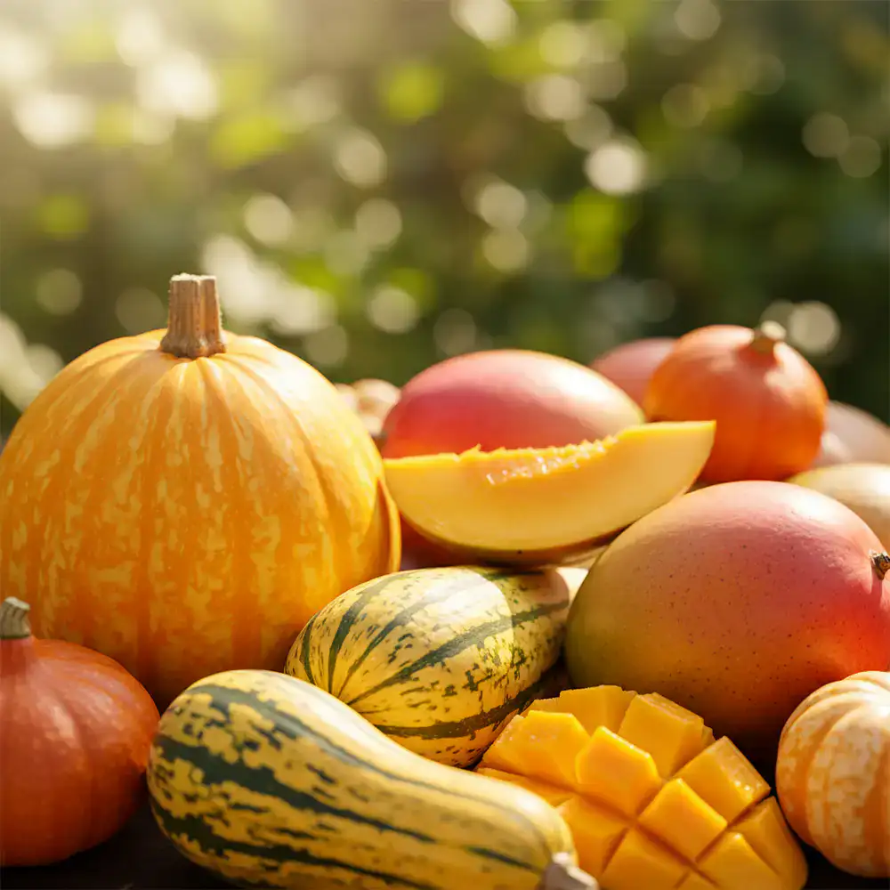 Vibrant summer gourds and mango