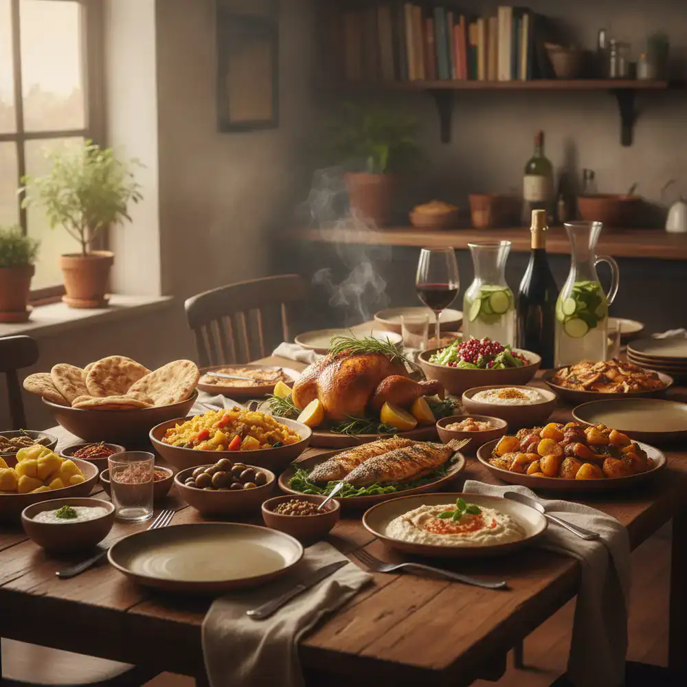 A vibrant table spread with various freshly cooked dishes
