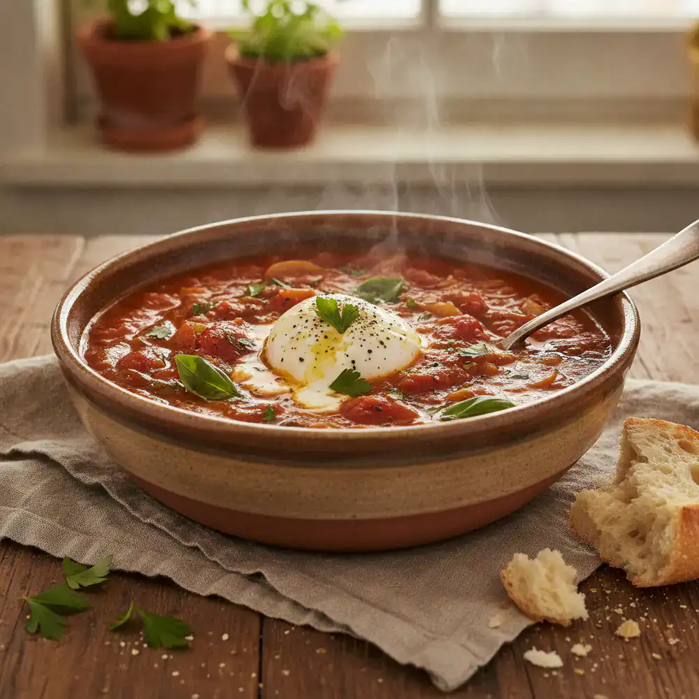 Rich tomato stew in a rustic bowl