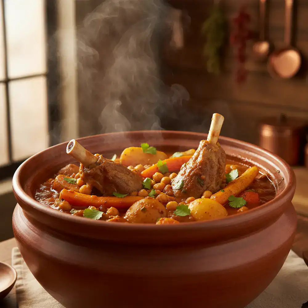 Large pot of steaming traditional food