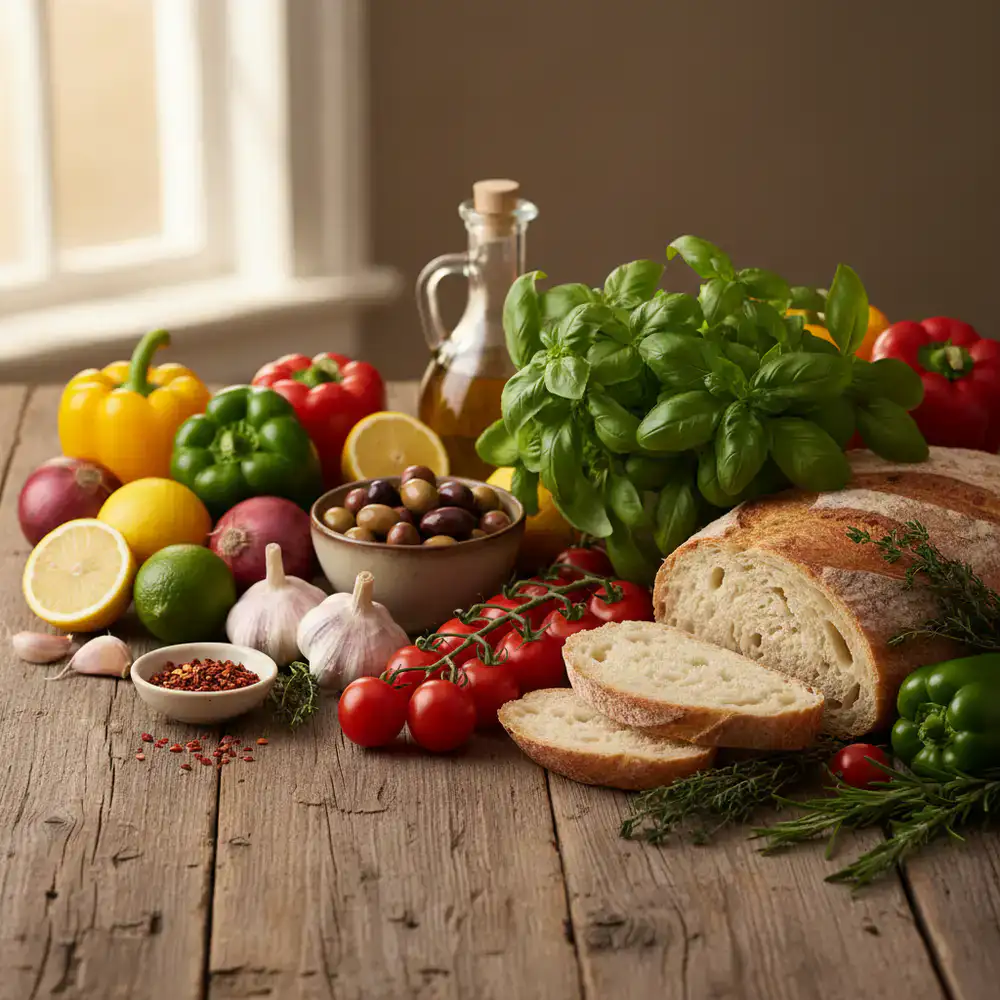 Fresh ingredients arranged on a wooden table