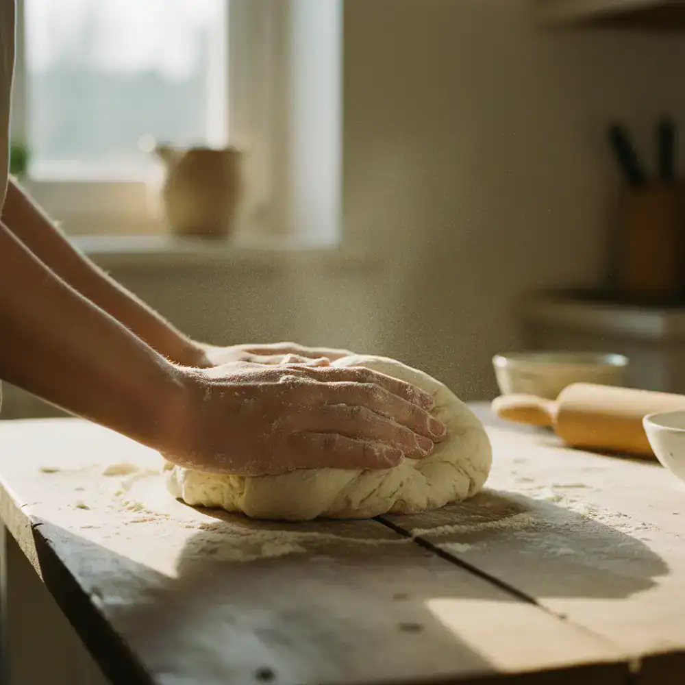 Hands covered in flour gently kneading fresh dough on a wooden table