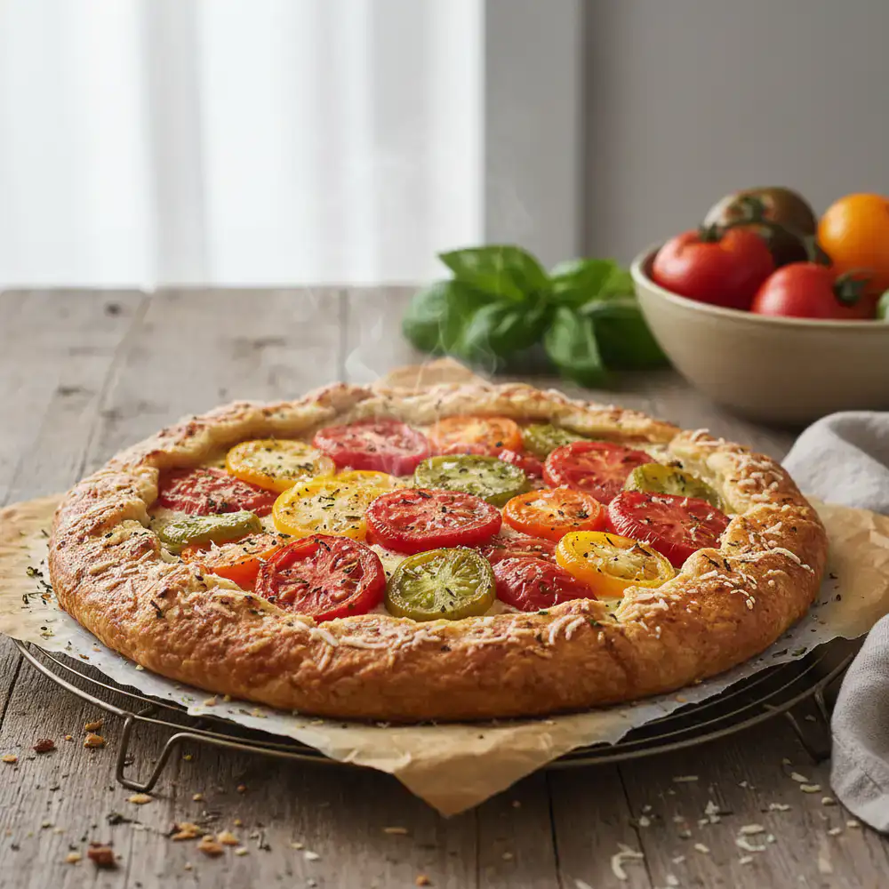 A rustic heirloom tomato tart fresh out of the oven