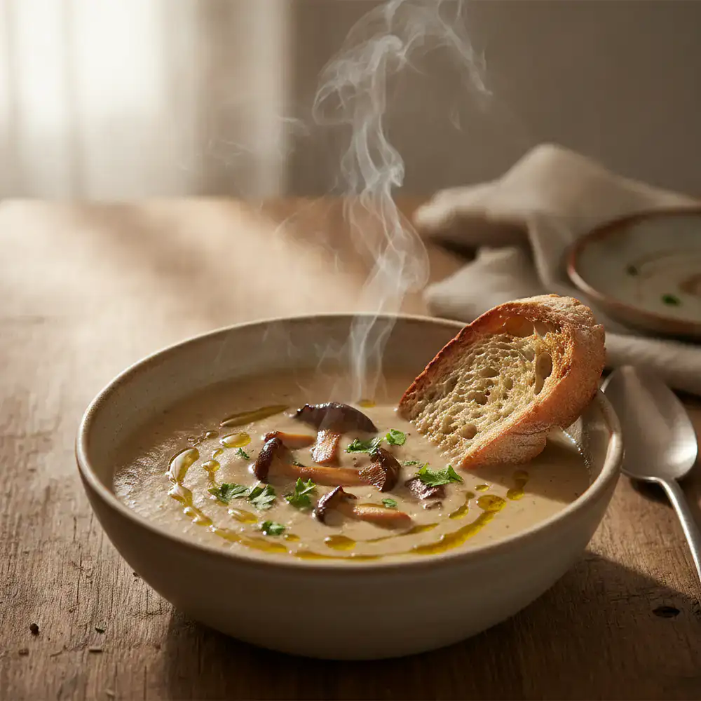 A steaming bowl of creamy mushroom soup